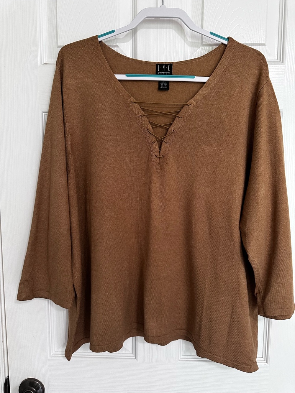 INC International Concepts Camel Brown Lace-Up V-Neck Tunic Top